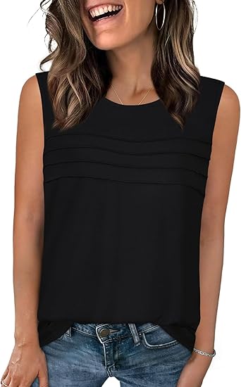 rosemia Tank Tops for Women Summer Sleeveless Top Crewneck Basic Pleated Loose Fit Casual Tunic Blouses 2026