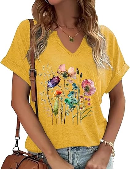 PUCKOLITY Vintage Flowers V Neck Shirt for Women Boho Floral Wildflowers Graphic Tee Casual Cottagecore Summer T Shirt