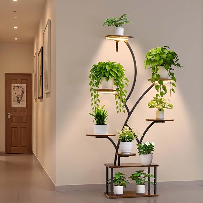 VEVOR Plant Stand Indoor with Grow Lights, 62 in Tall 8-Tier Lighted Plant Shelf, Metal Corner Plants Holder, 3 Timer & 10 Brightness, Tree-Shaped Flower Display Rack for Living Room Balcony Decor