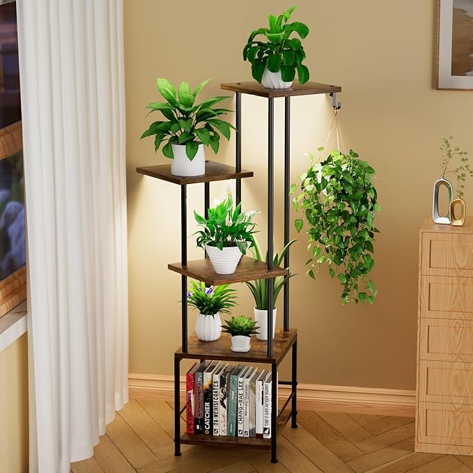 Homsorout Plant Stand Indoor with Grow Light – 5-Tier Metal Plant Shelf with Hanging Basket Hook, Corner Tall Flower Holder for Multiple Plants, Living Room Balcony Garden Patio, Rustic