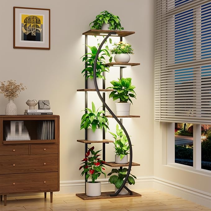 MJOMKN 59″ Tall Plant Stand with Grow Light Indoor, 7 Tiered Metal Plant Shelf, S-Shaped Flower Display Stand, Corner Storage Shelf for Living Room, Patio, Balcony Decor