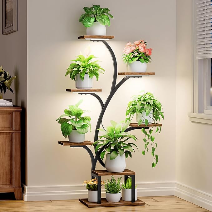 BACEKOLL Plant Stand Indoor with Grow Lights, 7 Tiered Indoor Plant Shelf, 49″ Corner Plant Stands for Indoor Plants, Metal Plant Flower Display Shelf, Tree-Shaped Plant Rack for Home, Patio, Brown
