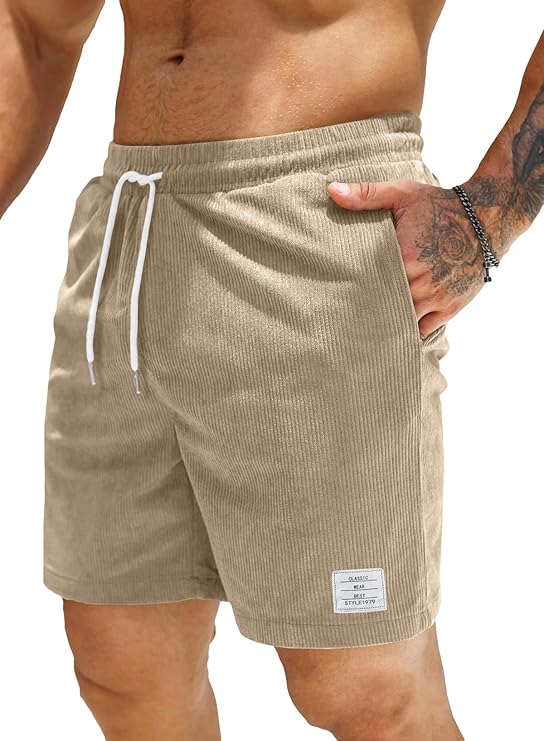 JMIERR Men’s Corduroy Shorts Casual Elastic Waist Drawstring Lightweight Summer Beach Shorts