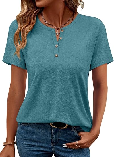 TICTICMIMI Women’s Henley Short Sleeve Tops Button Down Casual Summer T Shirts Crew Neck Basic Tees