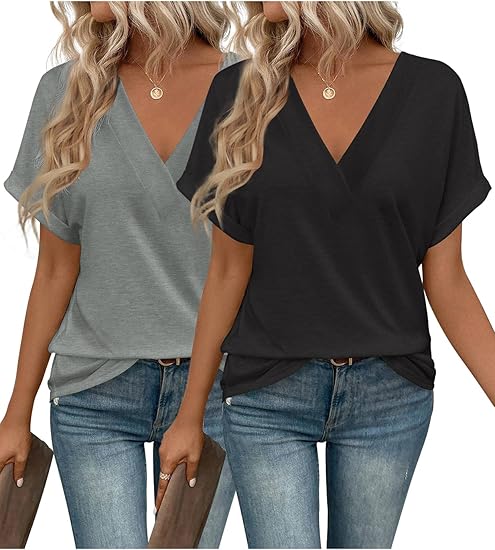 2PCS T Shirts Short Sleeve V Neck Tees Womens Tops Fashion Beach Vacation Clothes 2026 Casual Summer Spring Outfits