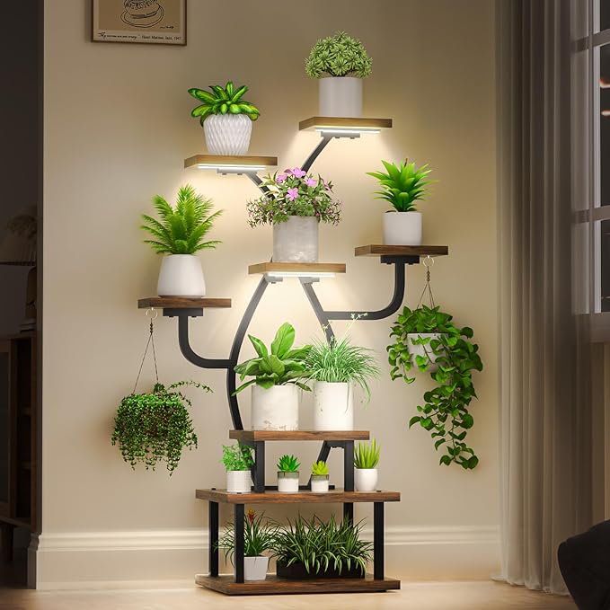 Tovve Plant Stand Indoor with Grow Light, 8 Tiered 48″ Small Plant Shelf, Corner Plant Stand Stand for Indoor Plants Multiple, Metal Humen-Shaped Plant Flower Holder, for Living Room, Patio, Balcony
