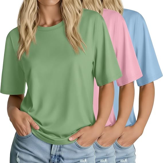 Huukeay 3 Pack Women’s Half Sleeve T-Shirts, Crew Neck Elbow Length Tops Loose Casual Basic Tees Summer Tunic Tops