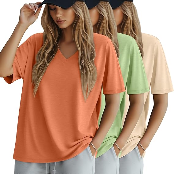 Huukeay 3 Pack Women’s Oversized Cotton T-Shirts V Neck Loose Fit Casual Workout Tees Soft Short Sleeve Tops