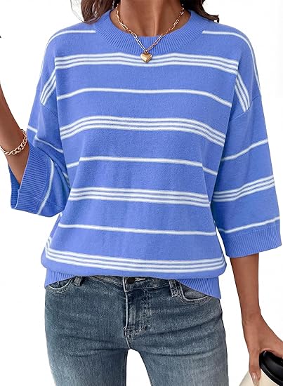 Dokotoo Womens Sweaters Spring Summer Oversized 3/4 Sleeve Striped Crewneck Casual Lightweight Knit Pullover Sweater Tops