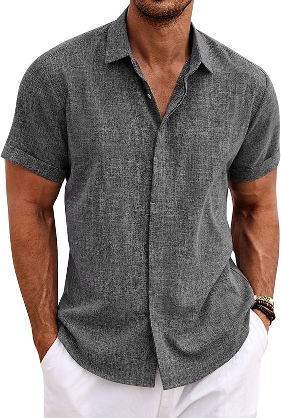 COOFANDY Men’s Linen Shirts Short Sleeve Casual Shirts Button Down Shirt for Men Beach Summer Wedding Shirt
