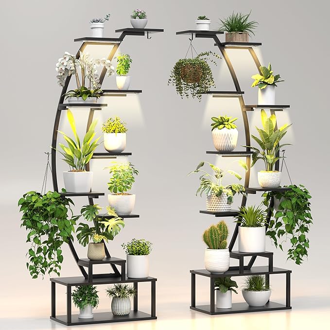 Plant Stand Shelf Indoor with 8 Grow Light, 10 Tiered 65″ Tall Black Large Half Moon Lighted Plant Rack Holder, 2 Pack Big High Circular Arch Multi Herb Stand with Built in LED Grow Light Set