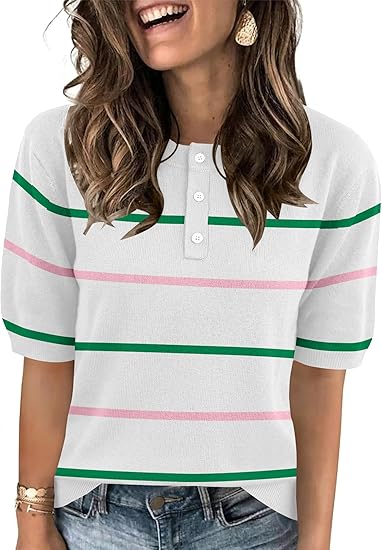 AKEWEI Sweaters for Women Crew Neck Short Sleeve Tops Knit Button Down Shirts Pullover Sweater