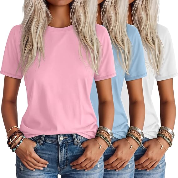 Ficerd 3 Pack Women’s Short Sleeve T-Shirts, Loose Fit Crew Neck Tunic Tops Casual Solid Basic Tee Shirts Curved Hem Blouses