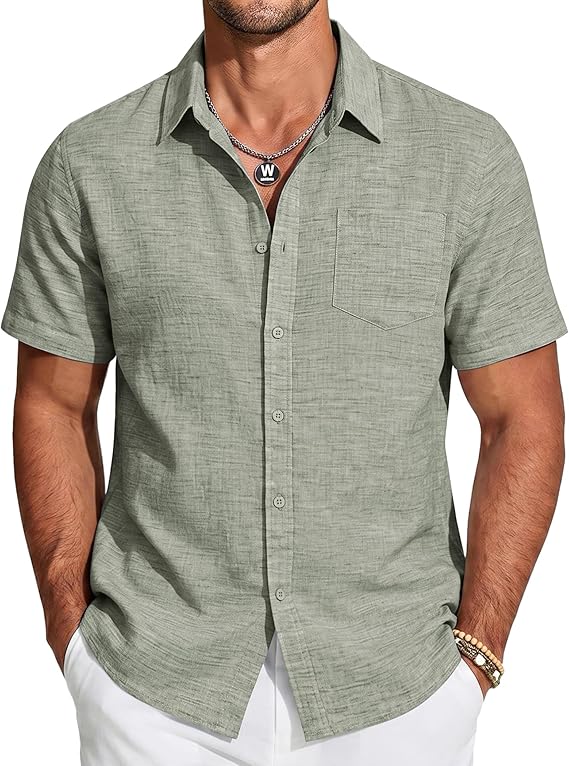 COOFANDY Mens Short Sleeve Button Down Shirts Casual Linen Shirts for Men Textured Summer Beach Shirt