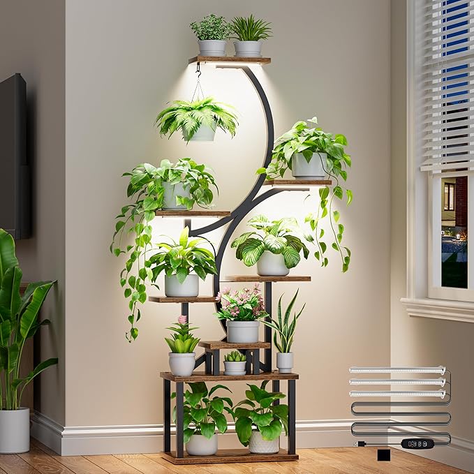 Plant Stand Indoor with Grow Lights – 62″ Tall Plant Shelf, Lighted Corner Plant Stands for Indoor Growing, 8 Tiered Large Flower Holder, S-Shaped Decorative Rack for Living Room, Patent Design, Brown