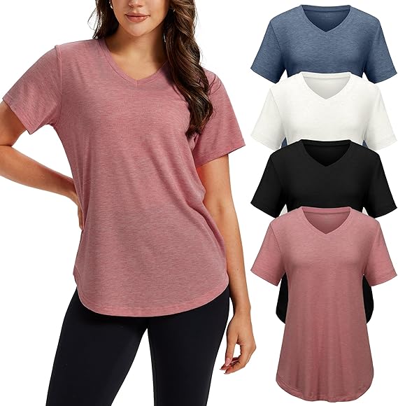 4 Pack V Neck T Shirts for Women Basic Tees Casual Short Sleeve Shirts Loose Fit Plus Size Tops Plain Summer Clothes