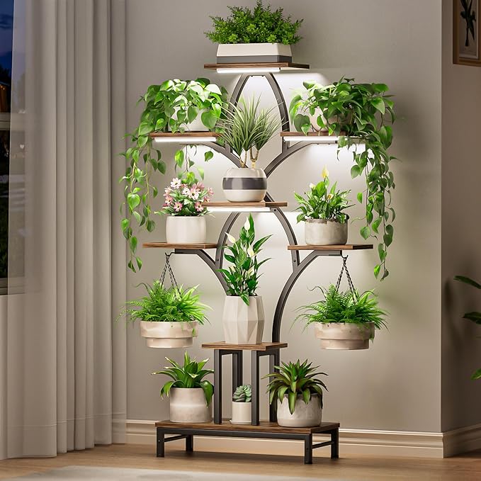 Plant Stand Indoor with 4 Grow Lights – 63″ Tall Plant Shelf- 8 Tiered Corner Plant Flower Stands Display Shelves for Home, Patio (Brown)