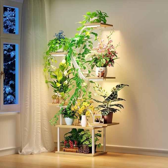 White Plant Shelves with Grow Lights: 7-Tier 65″ Tall Modern Plant Stand for Indoor Corners, Living Room Display or Bedroom Gardening Rack