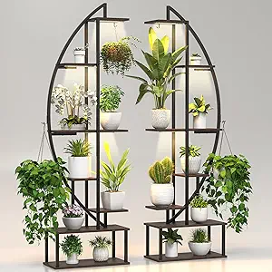 Plant Stand Shelf Indoor with 6 Grow Light, 7 Tiered 65″ Tall Black Large Half Moon Lighted Plant Rack Holder, 2 Pack Big High Circular Arch Multi Herb Stand with Built in LED Grow Light Set