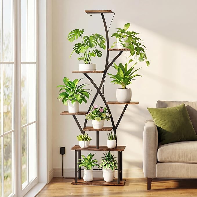 Quikraen Plant Stand Indoor with Grow Lights 64″ Tall Plant Shelf Corner Lighted Plant Stands for Indoor Growing Multiple Metal 8 Tiered Large S-Shape Flower Plant Rack for Home Decor Patio Balcony