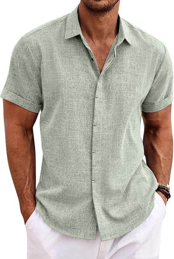 COOFANDY Men’s Linen Shirts Short Sleeve Casual Shirts Button Down Shirt for Men Beach Summer Wedding Shirt