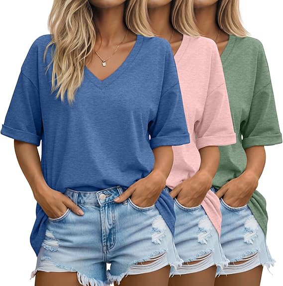Huukeay 3 Pack Women’s Oversized Cotton T-Shirts V Neck Loose Fit Summer Tees Ladies Casual Workout Half Sleeve Tops