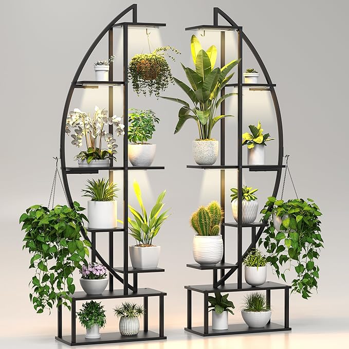 Plant Stand Shelf Indoor with 6 Grow Light, 7 Tiered 65″ Tall Black Large Half Moon Lighted Plant Rack Holder, 2 Pack Big High Circular Arch Multi Herb Stand with Built in LED Grow Light Set