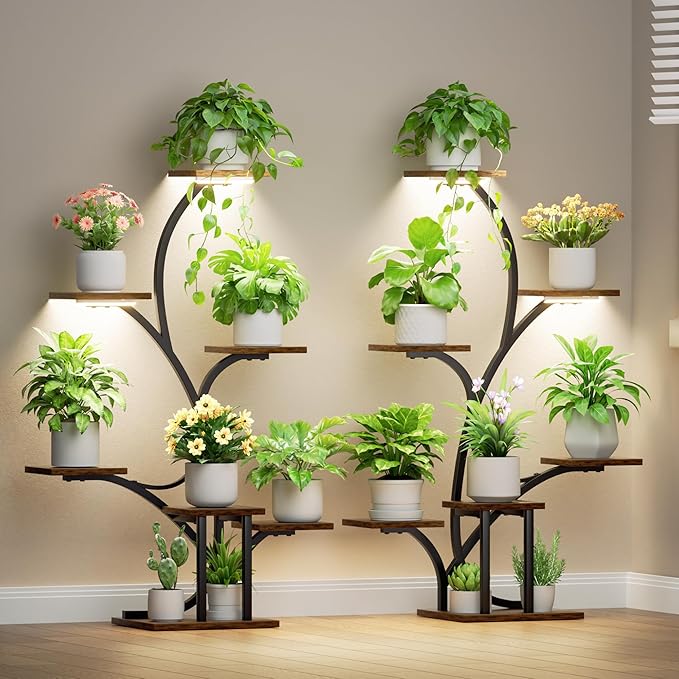 Plant Stand Indoor with Grow Lights – 2 Pack Plant Shelf, 7 Tier Lighted Corner Plant Stands for Indoor Growing, 40″ Metal Flower Holder, Tree-Shaped Display Shelves with Adjustable Light, Black