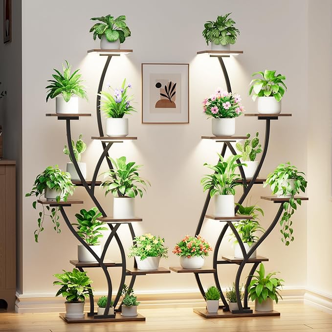 Plant Stand Indoor with Grow Lights – Lighted Plant Shelf Indoor Tall, 61″ 9 Tier Large Plant Stands for Indoor Growing, 2 Pack Corner Flower Shelf, Winged Metal Holder for Home Living Room, Black