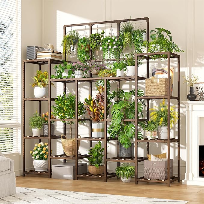 EnHomee Plant Stand Indoor Tall Plant Stand Outdoor Large Wood Plants Shelf with 18-22 Pots for Patio, Living Room, Garden, Balcony, 55.9″ Wx63.1 Hx11.78 D